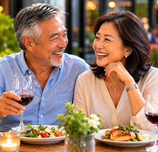 Couple enjoying a meal with natural looking dentures